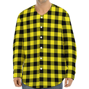 Yellow Buffalo Plaid Print Long Sleeve Baseball Jersey