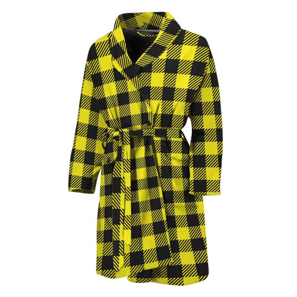 Yellow Buffalo Plaid Print Men's Bathrobe