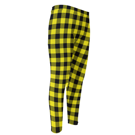 Yellow Buffalo Plaid Print Men's Compression Pants