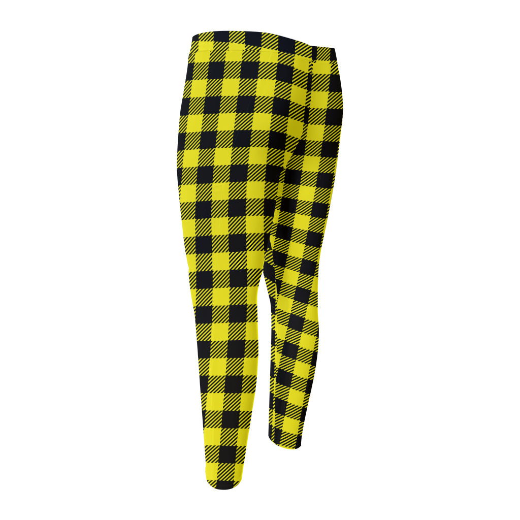 Yellow Buffalo Plaid Print Men's Compression Pants