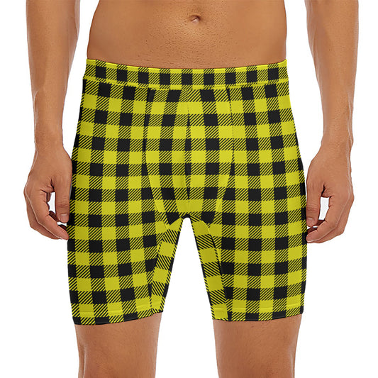 Yellow Buffalo Plaid Print Men's Long Boxer Briefs