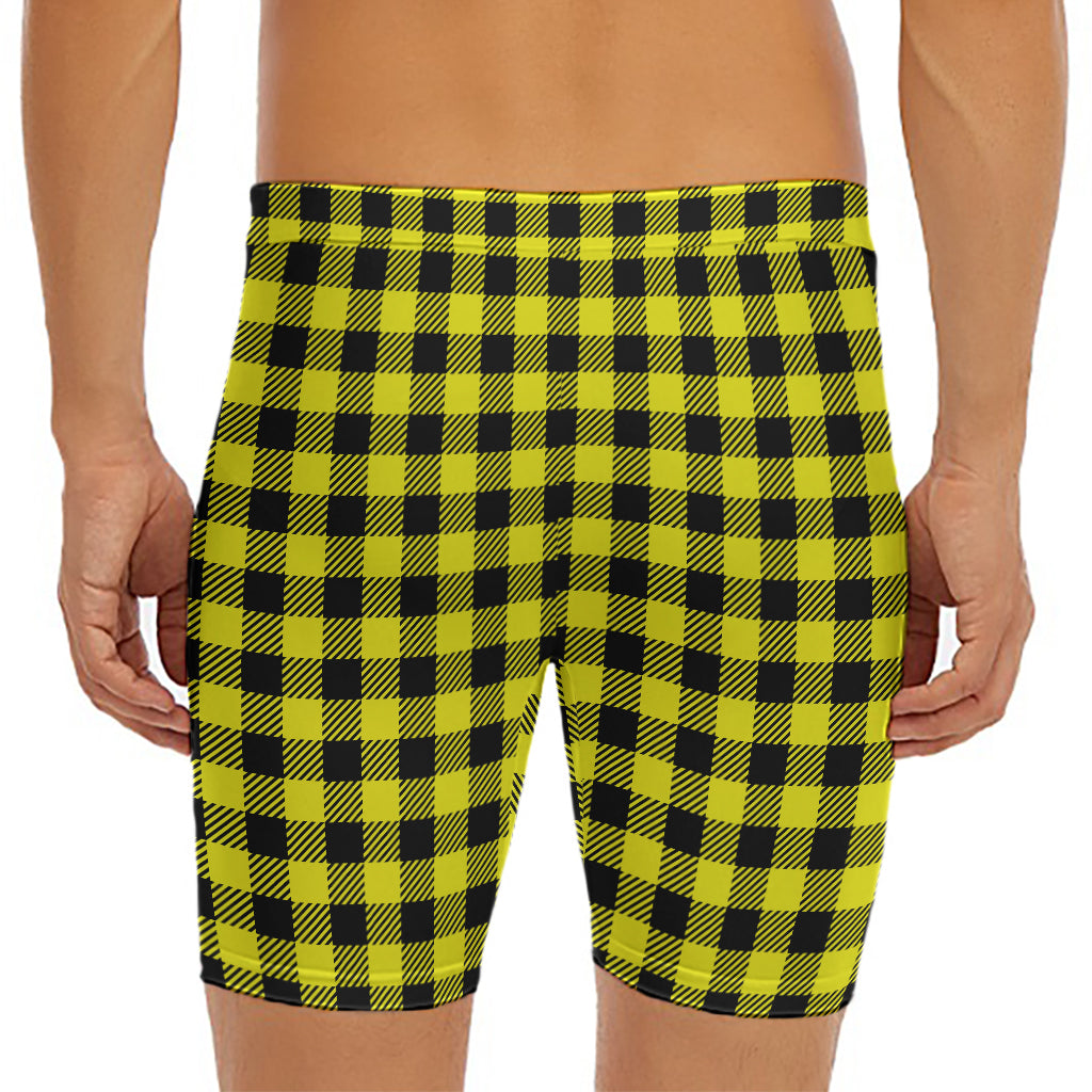 Yellow Buffalo Plaid Print Men's Long Boxer Briefs