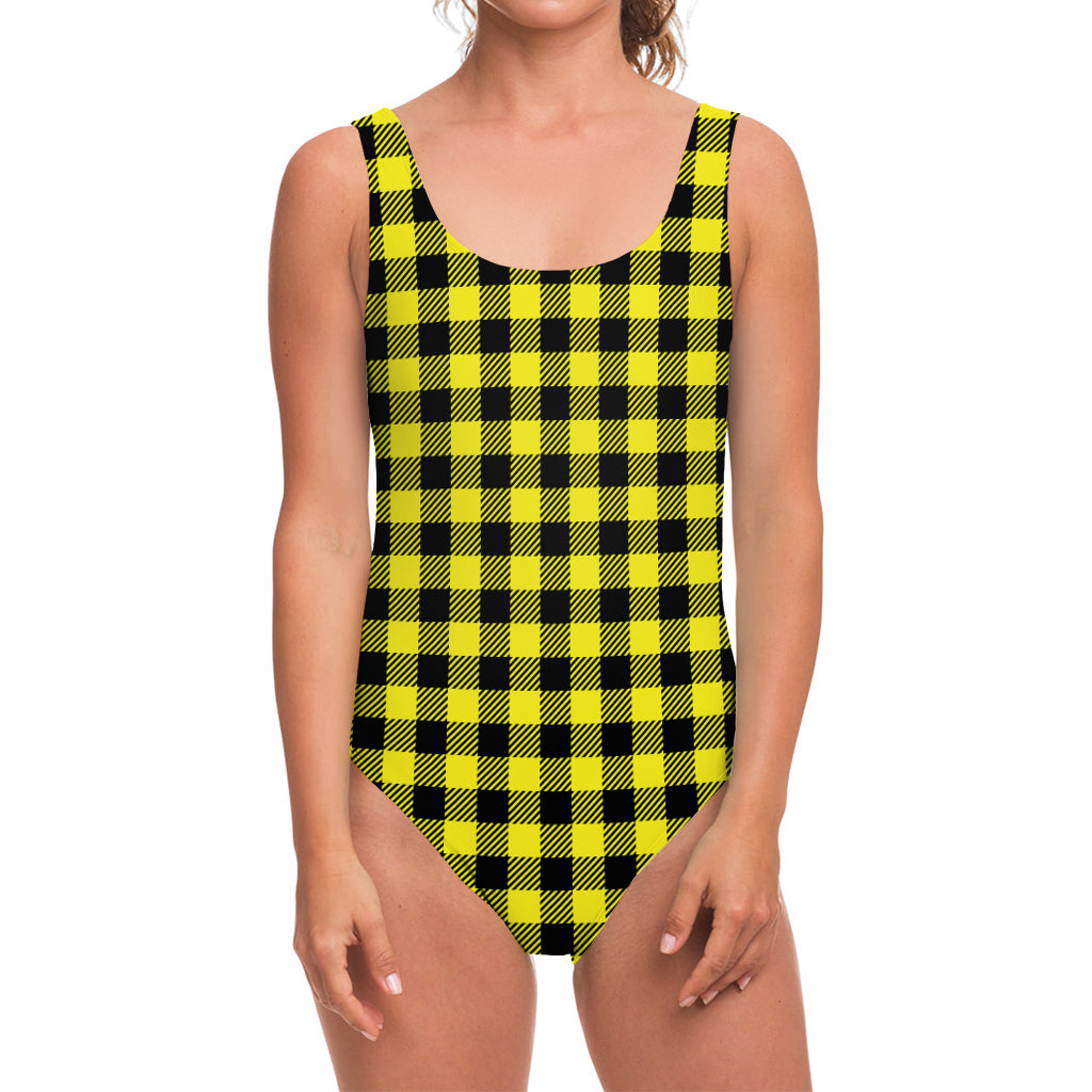 Yellow Buffalo Plaid Print One Piece Swimsuit