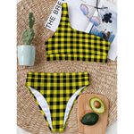 Yellow Buffalo Plaid Print One Shoulder Bikini Top