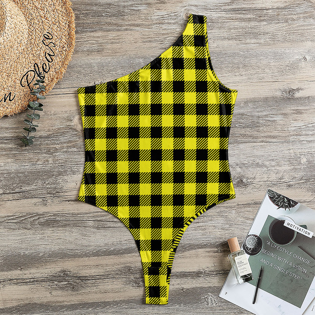Yellow Buffalo Plaid Print One Shoulder Bodysuit