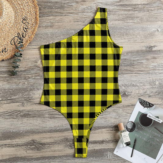 Yellow Buffalo Plaid Print One Shoulder Bodysuit