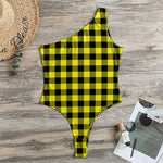 Yellow Buffalo Plaid Print One Shoulder Bodysuit