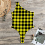 Yellow Buffalo Plaid Print One Shoulder Bodysuit