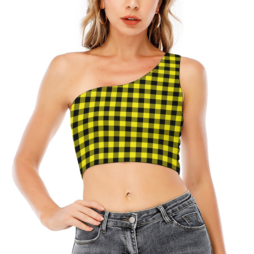 Yellow Buffalo Plaid Print One Shoulder Crop Top