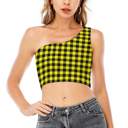 Yellow Buffalo Plaid Print One Shoulder Crop Top