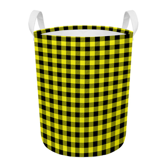 Yellow Buffalo Plaid Print Round Laundry Basket