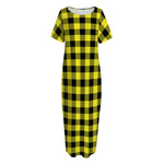 Yellow Buffalo Plaid Print Short Sleeve Long Nightdress
