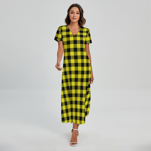 Yellow Buffalo Plaid Print Short Sleeve Maxi Dress