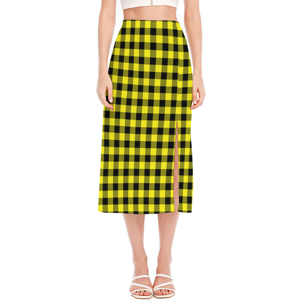 Yellow Buffalo Plaid Print Side Slit Midi Skirt