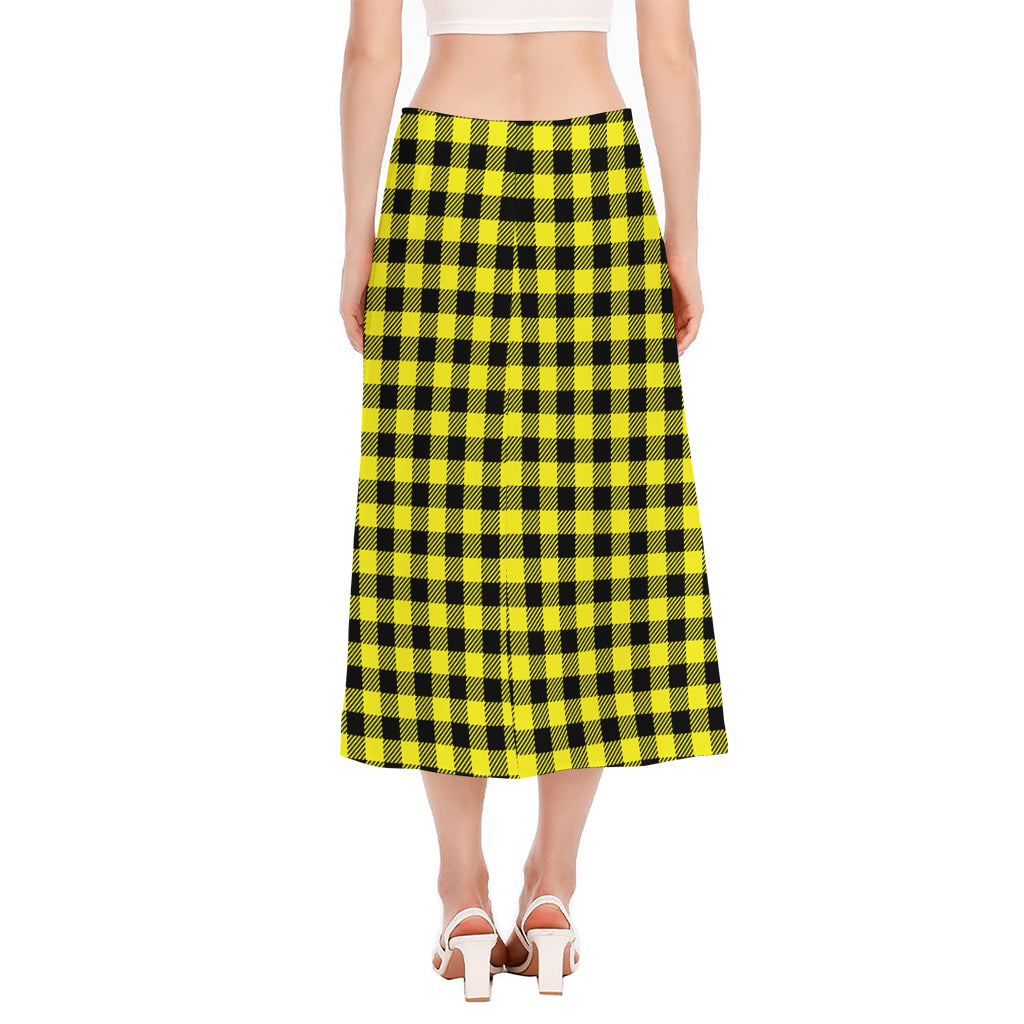 Yellow Buffalo Plaid Print Side Slit Midi Skirt