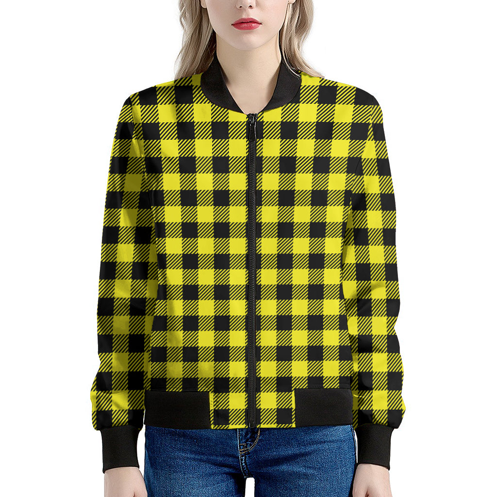 Yellow Buffalo Plaid Print Women's Bomber Jacket