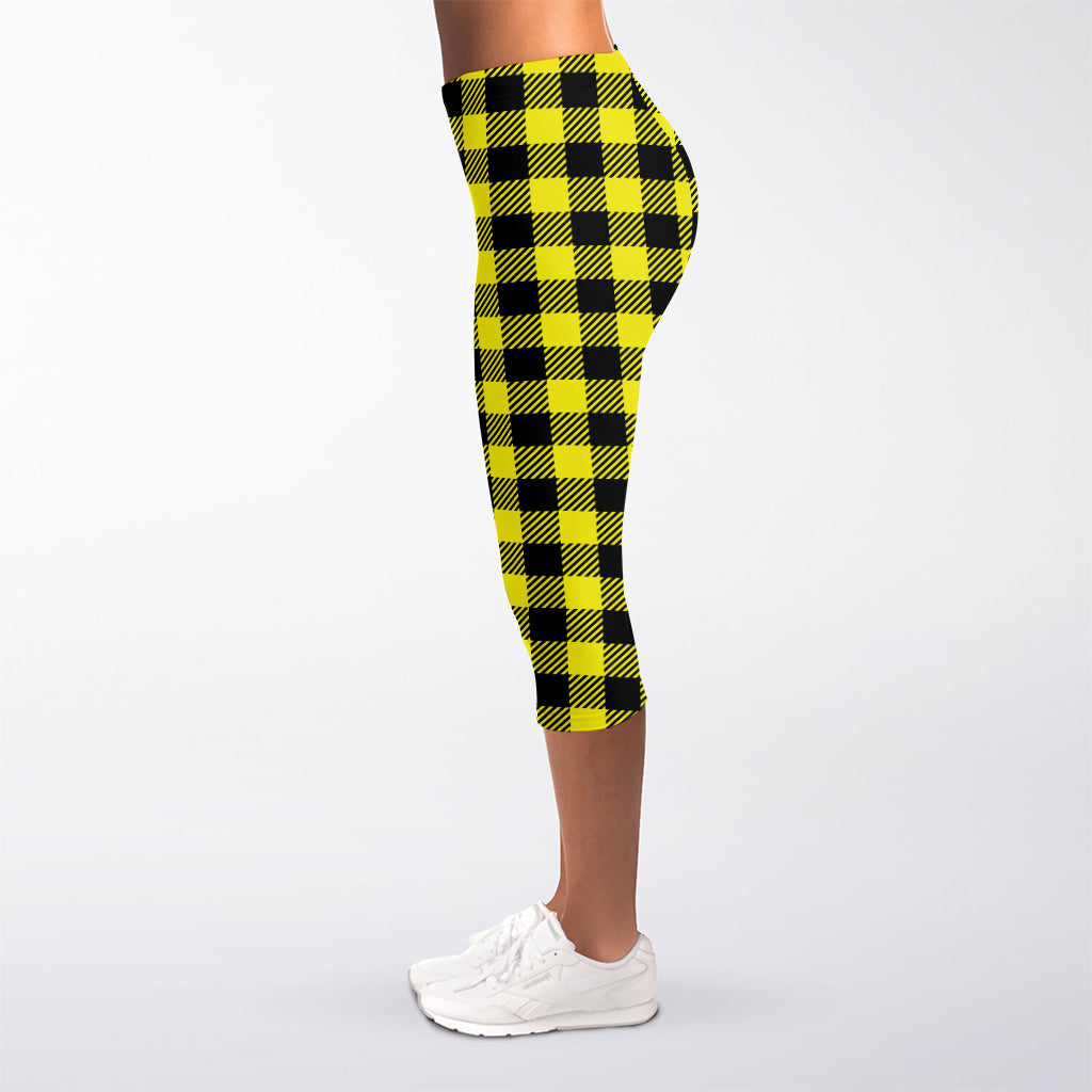 Yellow Buffalo Plaid Print Women's Capri Leggings