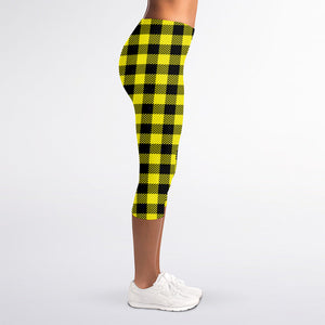 Yellow Buffalo Plaid Print Women's Capri Leggings