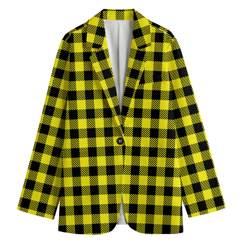 Yellow Buffalo Plaid Print Women's Cotton Blazer