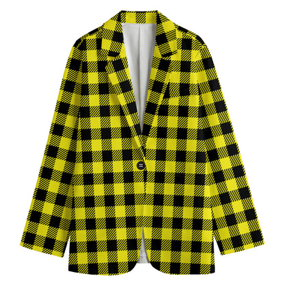 Yellow Buffalo Plaid Print Women's Cotton Blazer