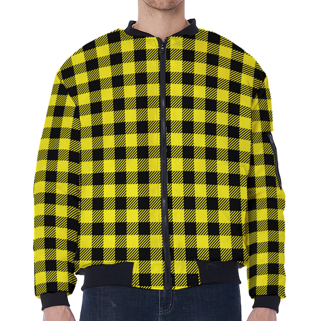 Yellow Buffalo Plaid Print Zip Sleeve Bomber Jacket