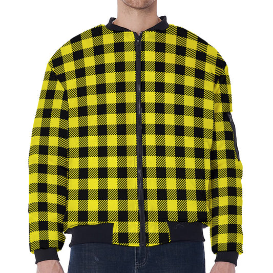 Yellow Buffalo Plaid Print Zip Sleeve Bomber Jacket