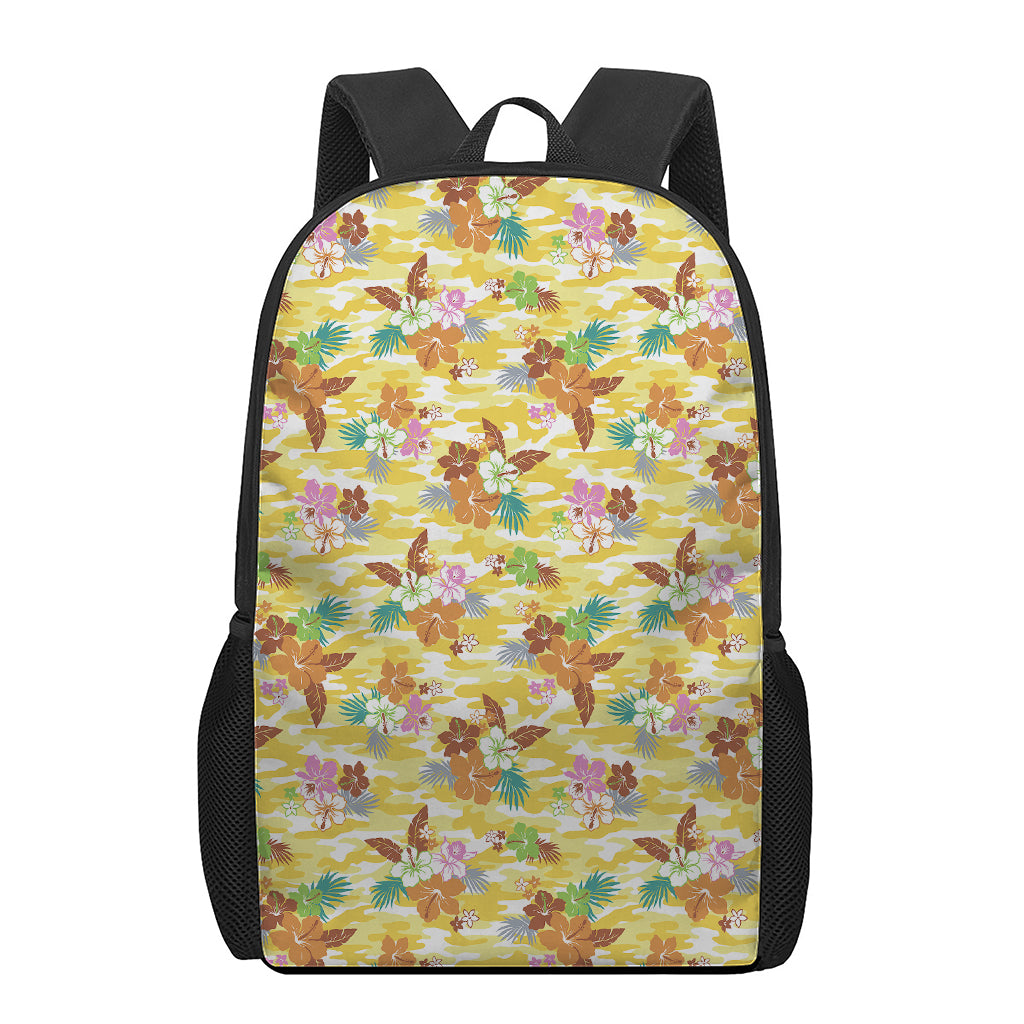 Yellow Camo And Hibiscus Flower Print 17 Inch Backpack