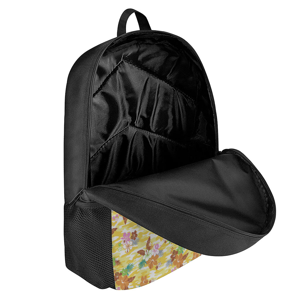 Yellow Camo And Hibiscus Flower Print 17 Inch Backpack
