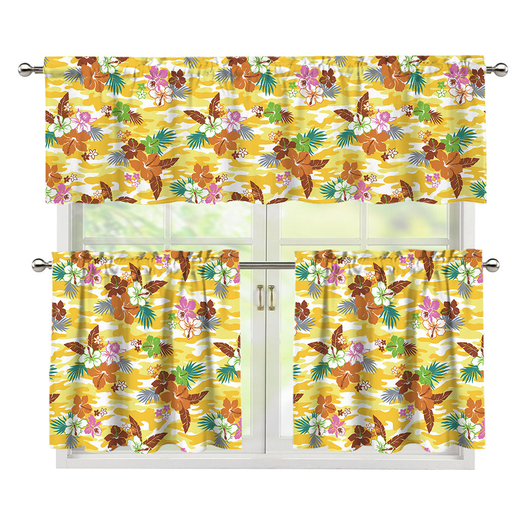 Yellow Camo And Hibiscus Flower Print 3 Piece Kitchen Curtains