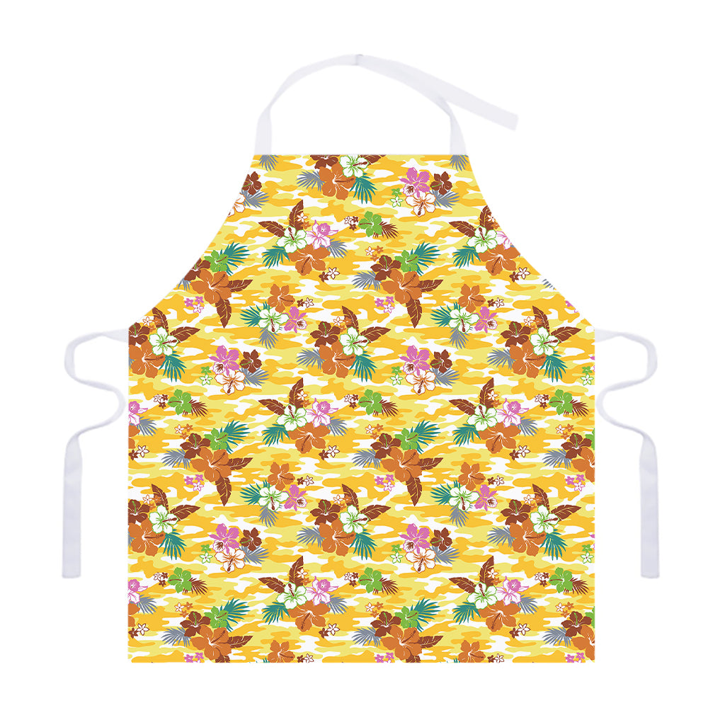 Yellow Camo And Hibiscus Flower Print Adjustable Apron