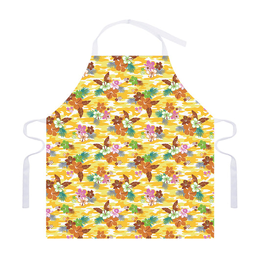 Yellow Camo And Hibiscus Flower Print Adjustable Apron