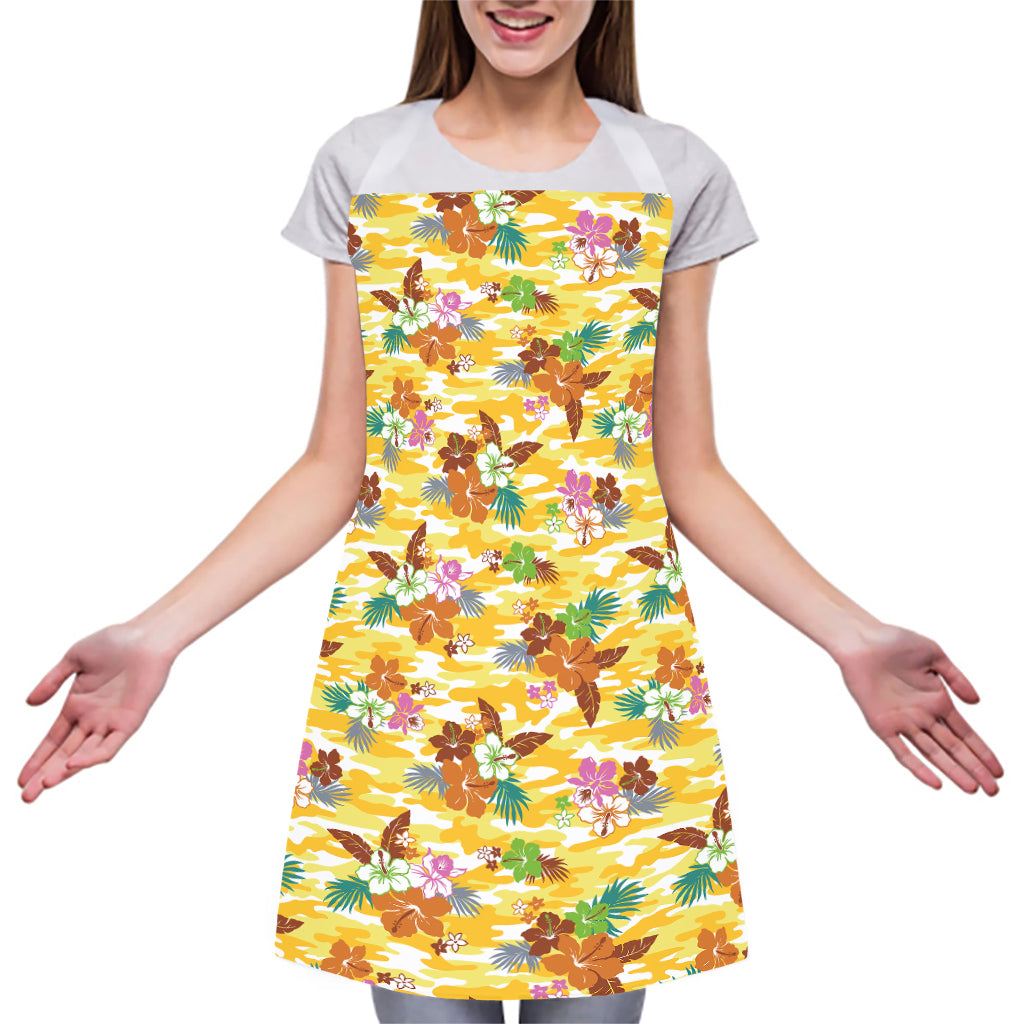 Yellow Camo And Hibiscus Flower Print Adjustable Apron