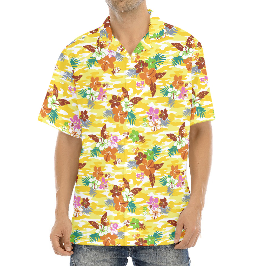 Yellow Camo And Hibiscus Flower Print Aloha Shirt