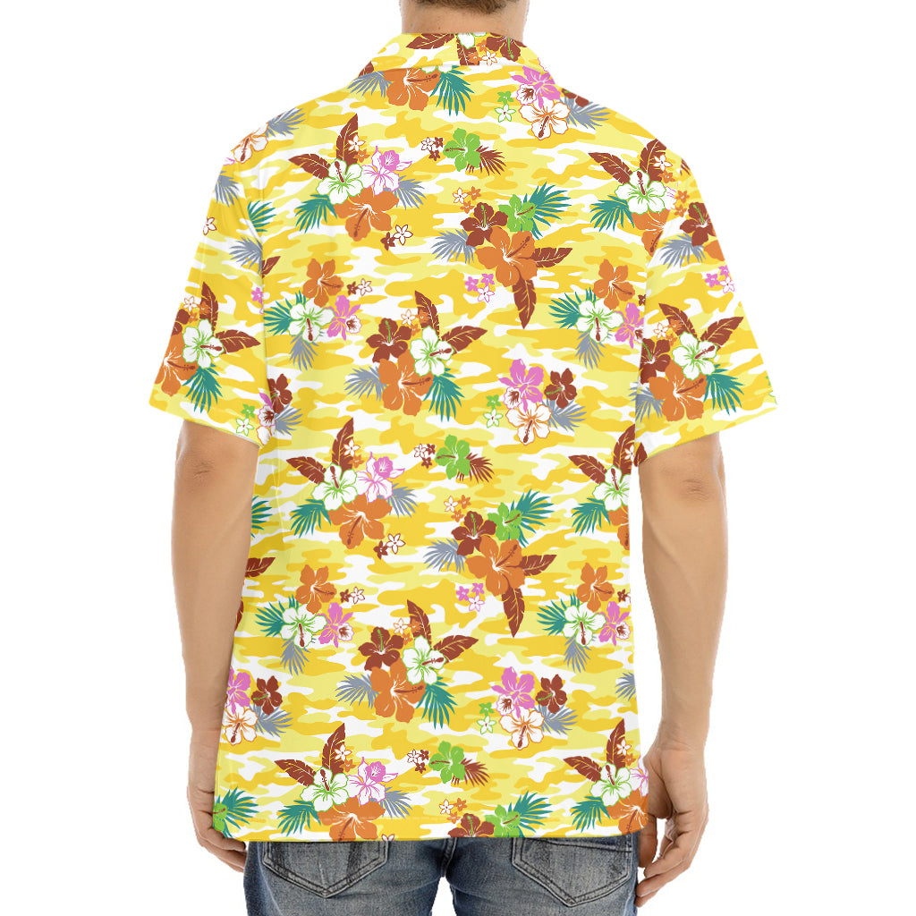 Yellow Camo And Hibiscus Flower Print Aloha Shirt