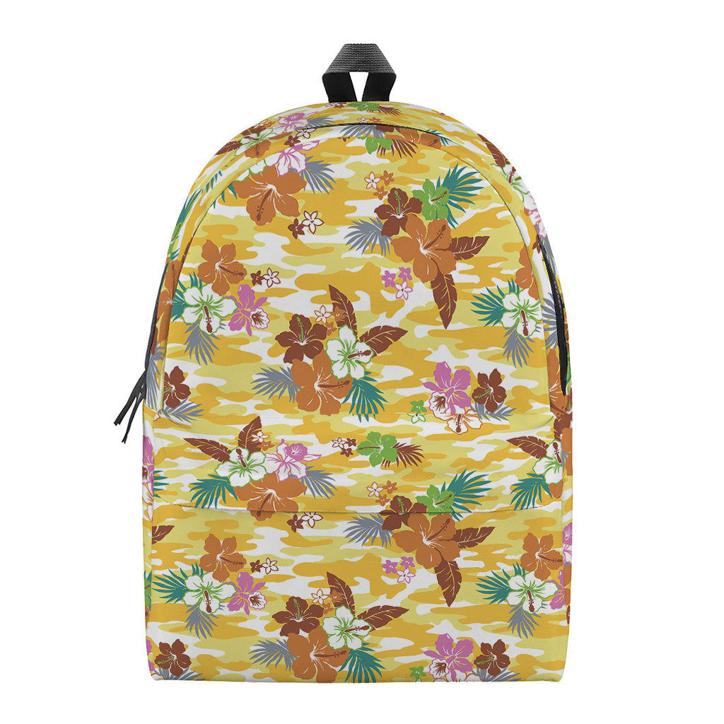 Yellow Camo And Hibiscus Flower Print Backpack