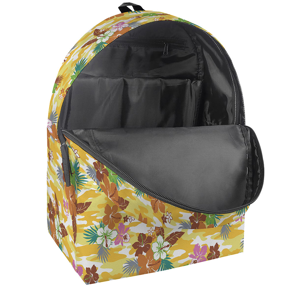 Yellow Camo And Hibiscus Flower Print Backpack