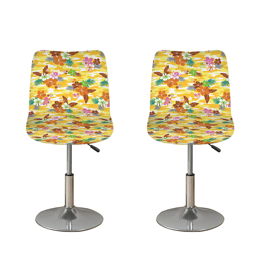 Yellow Camo And Hibiscus Flower Print Bar Stool Covers