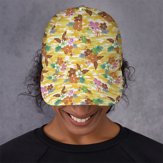 Yellow Camo And Hibiscus Flower Print Baseball Cap