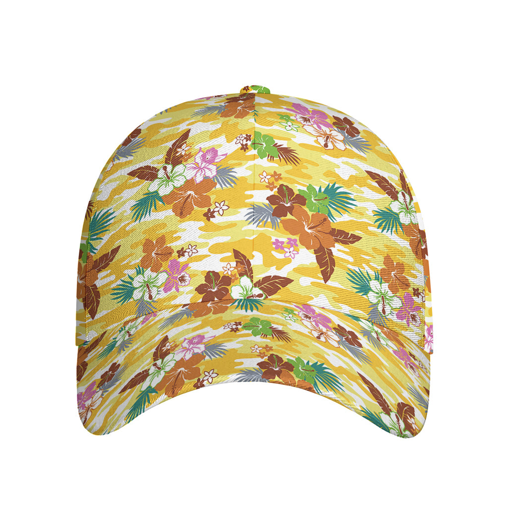 Yellow Camo And Hibiscus Flower Print Baseball Cap