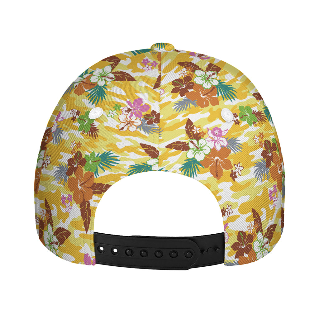 Yellow Camo And Hibiscus Flower Print Baseball Cap