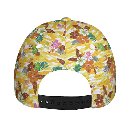 Yellow Camo And Hibiscus Flower Print Baseball Cap