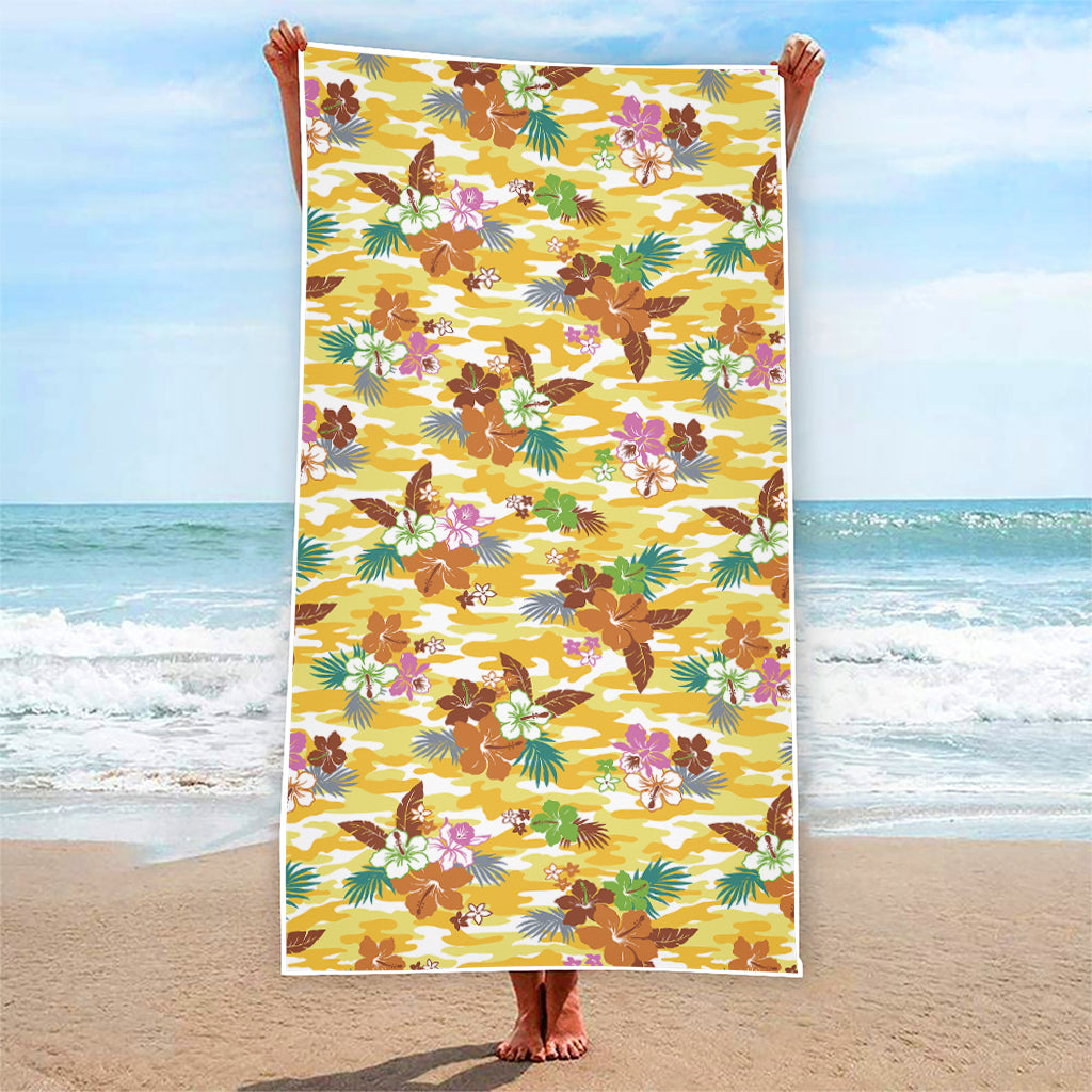 Yellow Camo And Hibiscus Flower Print Beach Towel