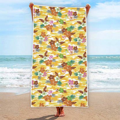 Yellow Camo And Hibiscus Flower Print Beach Towel
