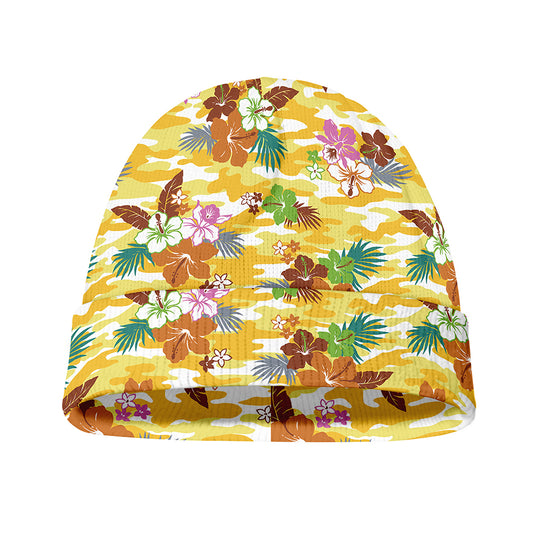 Yellow Camo And Hibiscus Flower Print Beanie