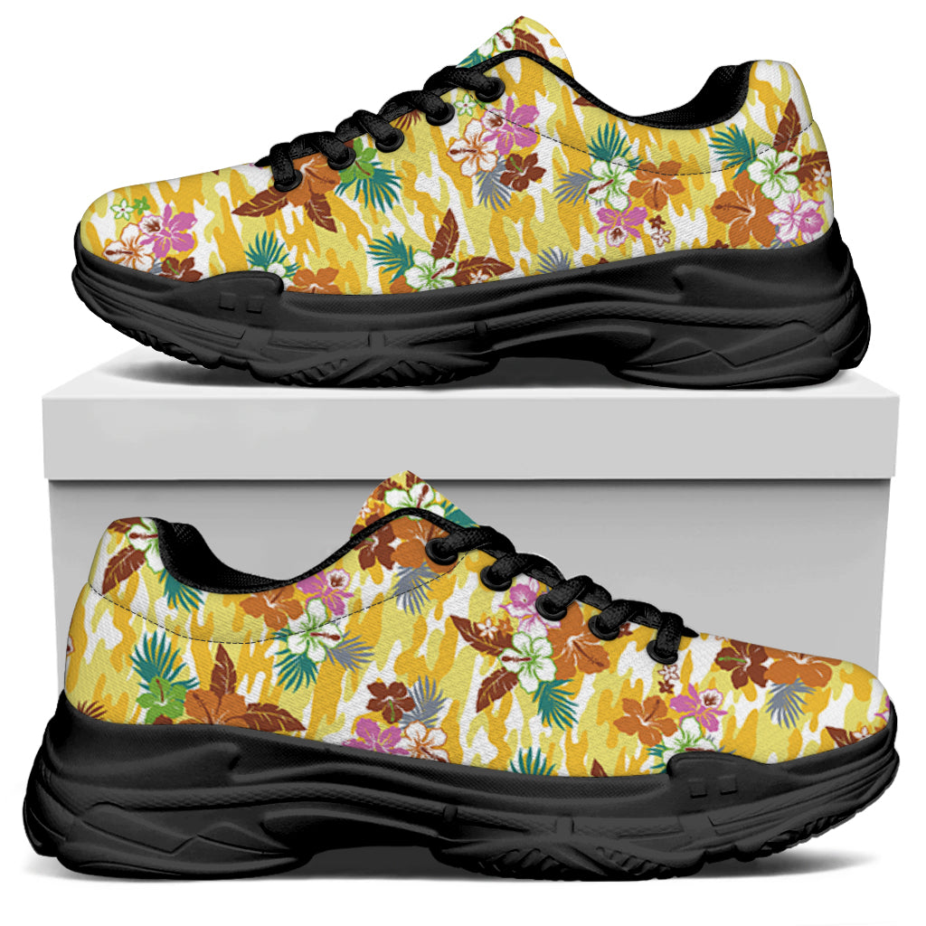 Yellow Camo And Hibiscus Flower Print Black Chunky Shoes