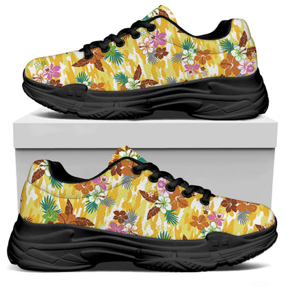 Yellow Camo And Hibiscus Flower Print Black Chunky Shoes