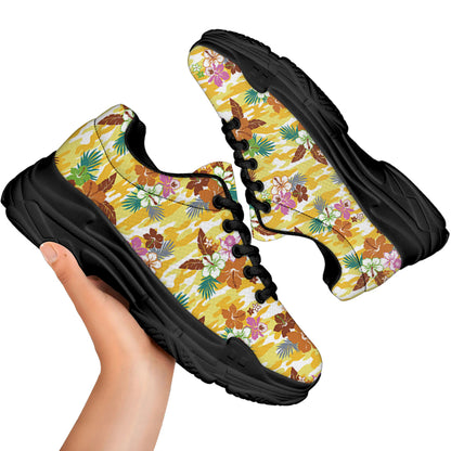 Yellow Camo And Hibiscus Flower Print Black Chunky Shoes