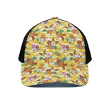 Yellow Camo And Hibiscus Flower Print Black Mesh Trucker Cap