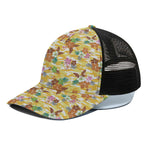 Yellow Camo And Hibiscus Flower Print Black Mesh Trucker Cap