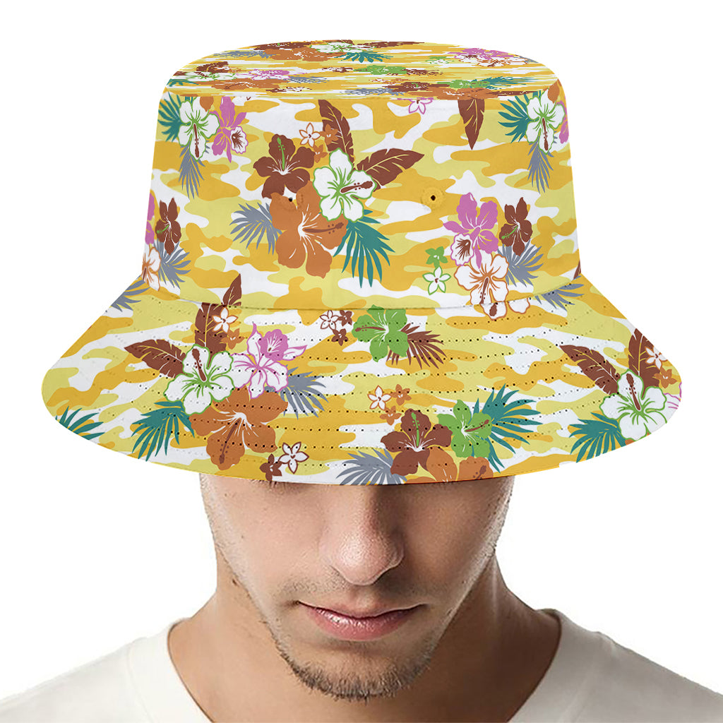 Yellow Camo And Hibiscus Flower Print Bucket Hat